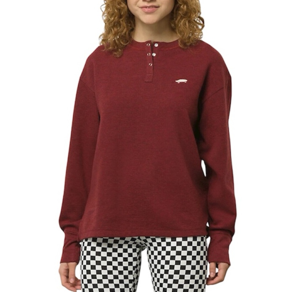 Vans Women’s Cotton Blend Burgundy Relaxed Fit 1/4 Buttons Salton Henley Shirt L